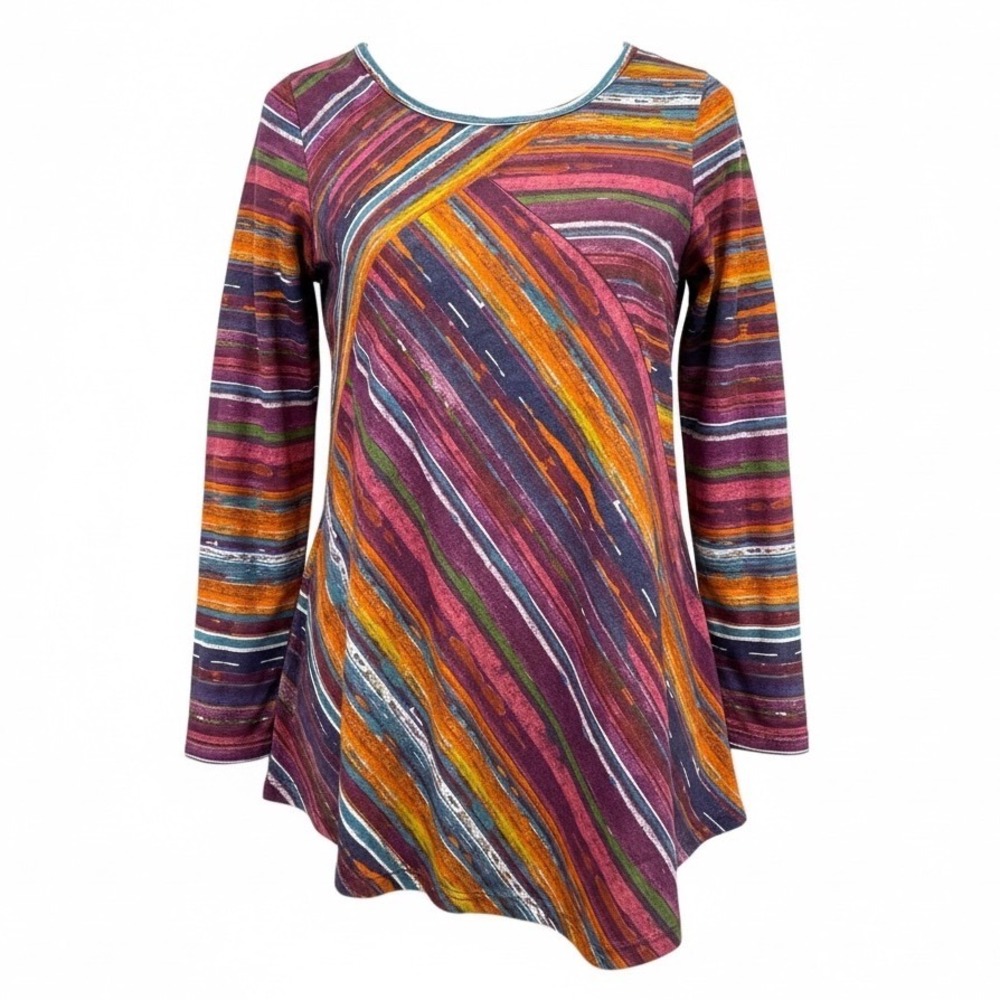 New Directions Shirt Women's Large Abstract Stripe Long Sleeve Sharkbite Hem Top